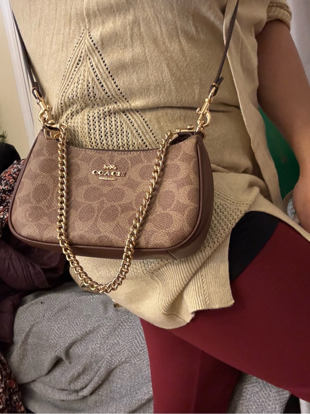 Coach Brown Signature Canvas Crossbody with Gold Chain